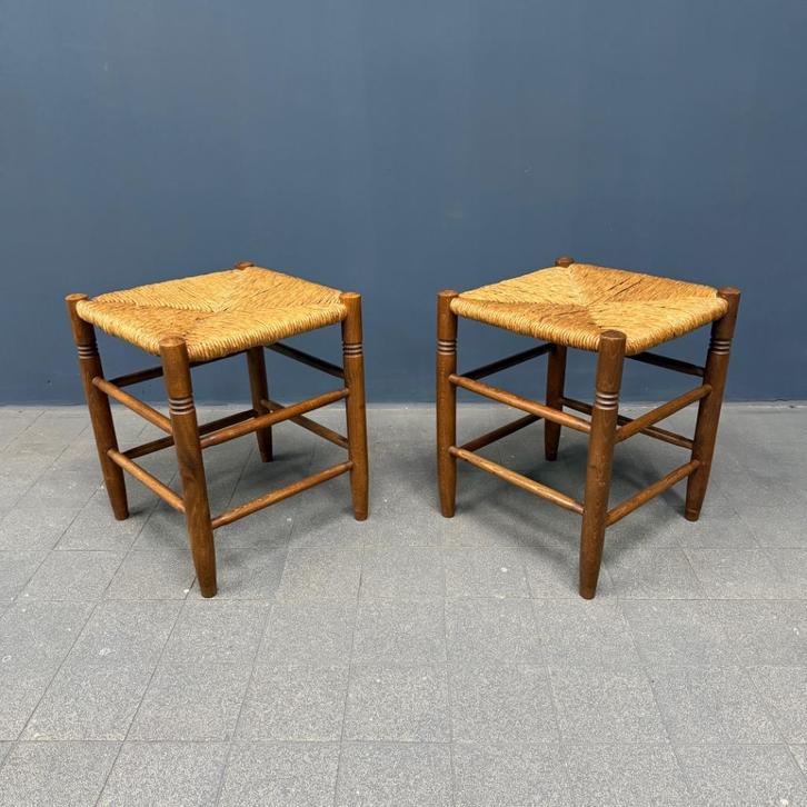 Set oude Hollandse beukenhouten krukken met biezen zitting, Antiek en Kunst, Antiek | Meubels | Stoelen en Banken, Ophalen of Verzenden