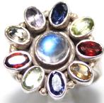 Schitterende Sterling Zilver Multi Edelsteen Entourage Ring, Verzenden, Zilver, Ring, Met edelsteen