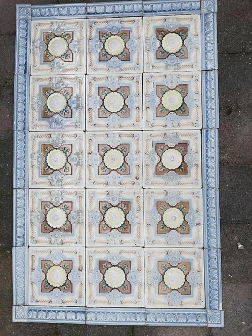 15 Prachtige antieke wandtegels, geel grijsblauw taupe, Antiek en Kunst, Antiek | Wandborden en Tegels, Ophalen