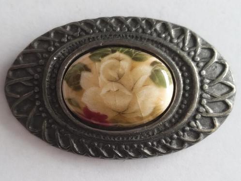 Etain Zinn pewter antieke tinnen rozen camee broche, Sieraden, Tassen en Uiterlijk, Antieke sieraden, Broche, Overige materialen