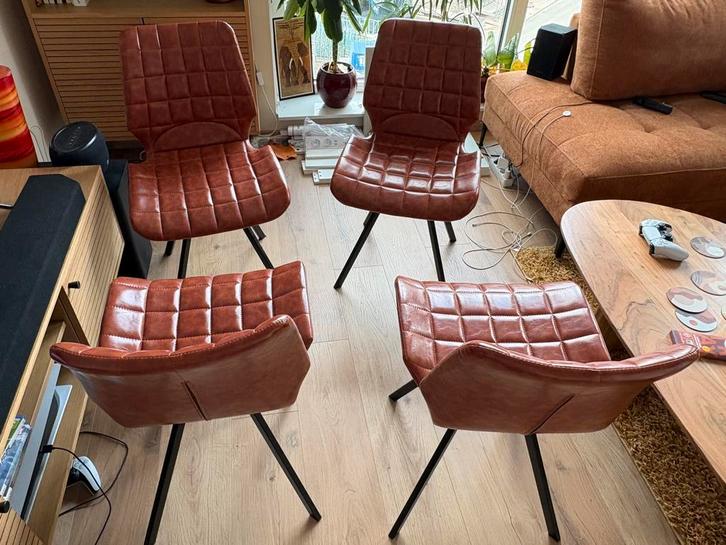 4 Vintage-look eetkamerstoelen – bruin kunstleer, Huis en Inrichting, Stoelen, Zo goed als nieuw, Metaal, Bruin, Ophalen of Verzenden