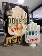 Power Ethyl emaille reclamebord en benzinepomp globe, Verzamelen, Merken en Reclamevoorwerpen, Ophalen, Gebruikt, Reclamebord