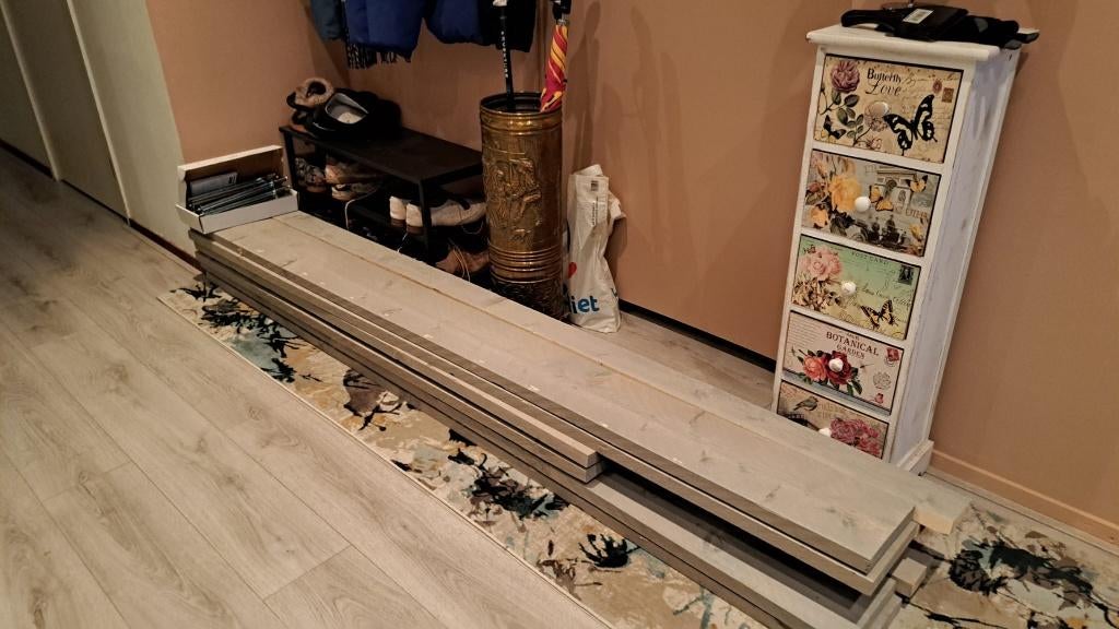 steigerhouten planken met bijpassende buisplankdragers, Ophalen, 25 tot 50 mm, Zo goed als nieuw, 200 tot 250 cm