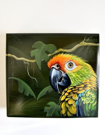 Pretty bird, papegaai, geschilderd op een luxe houten kistje beschikbaar voor biedingen
