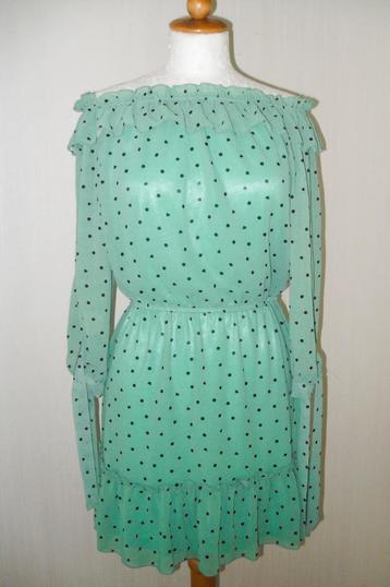 zomerjurkje groen met zwart stipje maat M Nieuw off shoulder beschikbaar voor biedingen