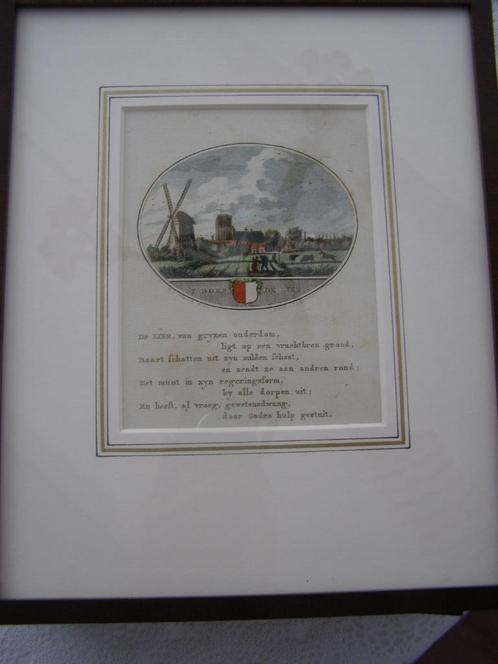 gravure De Lier rond 1790 handgekleurd en  ingelijst 29x24cm, Antiek en Kunst, Kunst | Etsen en Gravures, Ophalen of Verzenden