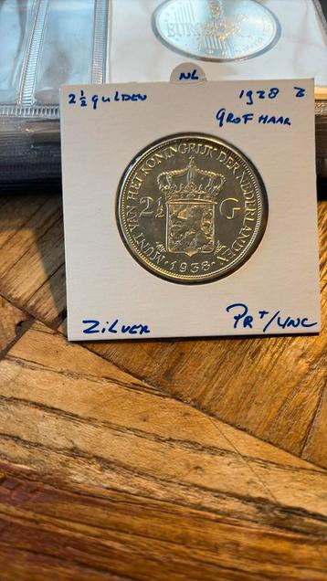 2 1/2 gulden Nederland 1938 B - grof haar - Pr+/UNC - zilver beschikbaar voor biedingen