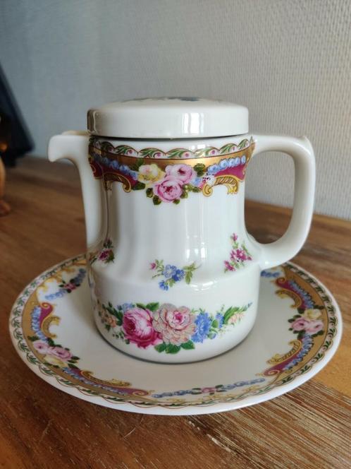 Vintage melkkannetje met deksel en schoteltje, Limoges-decor, Verzamelen, Porselein, Kristal en Bestek, Zo goed als nieuw, Ophalen of Verzenden