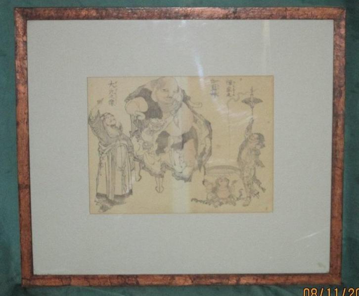 Oude japanse houtsnede met feest vierende Hotey, Antiek en Kunst, Kunst | Etsen en Gravures, Ophalen of Verzenden