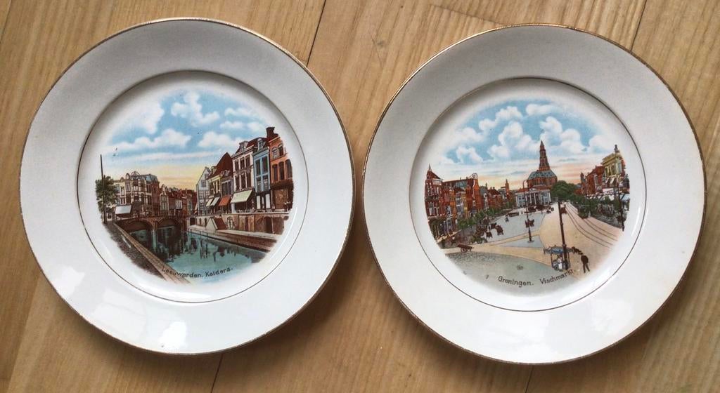 Twee vintage bordjes Leeuwarden en Groningen, Antiek en Kunst, Antiek | Porselein, Ophalen of Verzenden