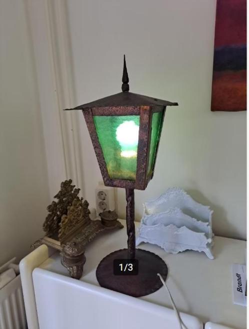 mini straatlantaarn koper gewolkt groene ruitjes Brutalisme, Huis en Inrichting, Lampen | Tafellampen, Gebruikt, Minder dan 50 cm