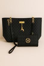 Luxe zwarte handtas +portemonnee goud details designer stijl, Ophalen of Verzenden, Nieuw, Zwart, Handtas