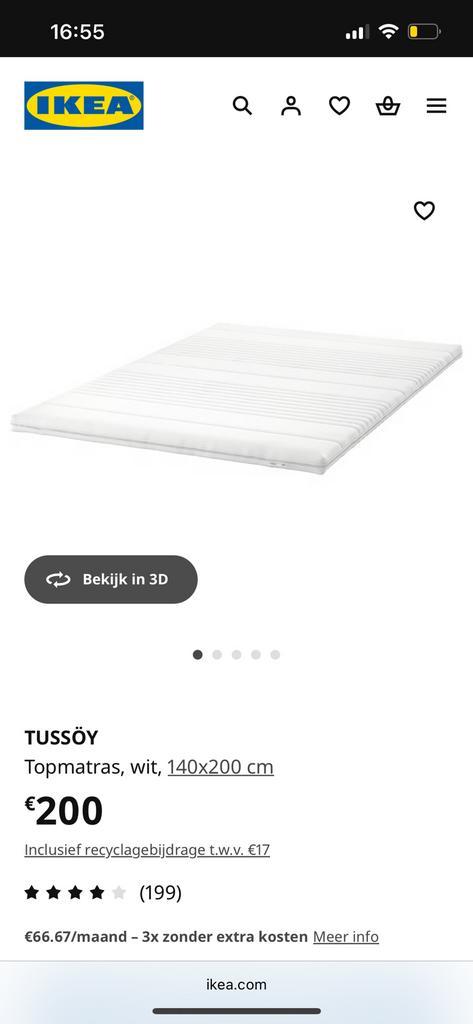 Tussöy topmatras IKEA, Huis en Inrichting, Slaapkamer | Matrassen en Bedbodems, Gebruikt, 200 cm, Tweepersoons, Ophalen of Verzenden