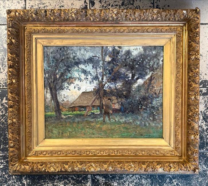 B.J. Blommers – Boerendomein met Figuren tussen Bomen, Antiek en Kunst, Kunst | Schilderijen | Klassiek, Ophalen