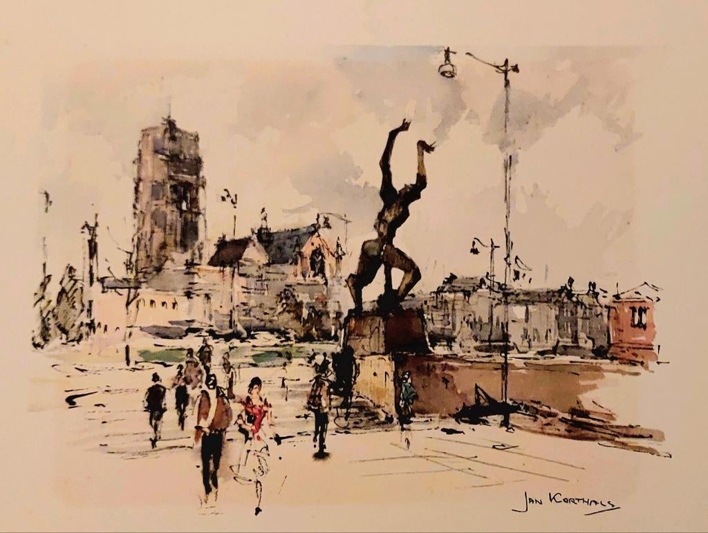 Jan Korthals ... Zadkine en St. Laurenskerk ... Rotterdam .., Antiek en Kunst, Kunst | Tekeningen en Foto's, Ophalen of Verzenden