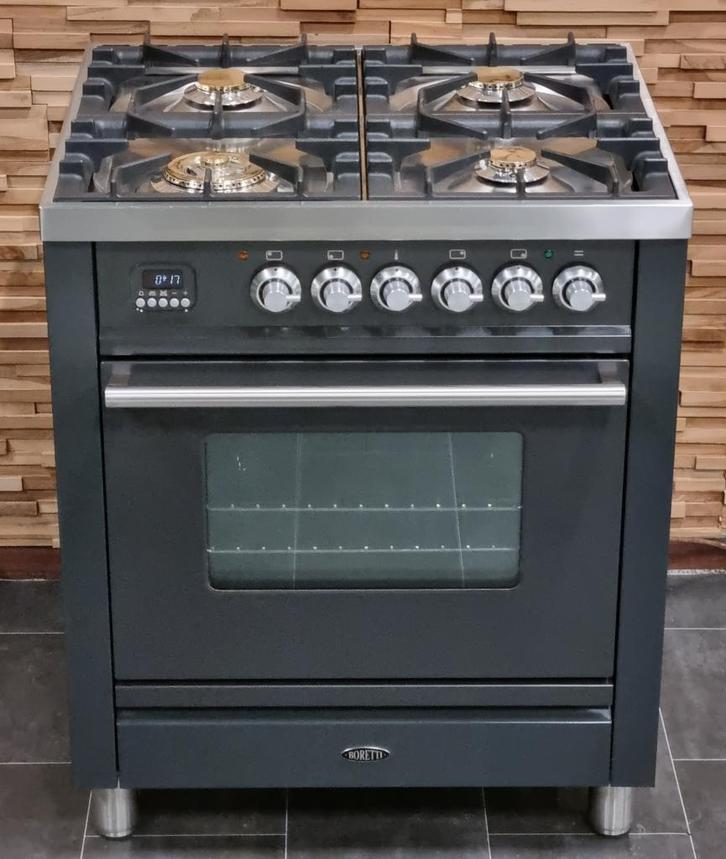 Luxe Fornuis Boretti 70cm antraciet + rvs 4 pits 1 oven, Witgoed en Apparatuur, Fornuizen, Zo goed als nieuw, Vrijstaand, Gas