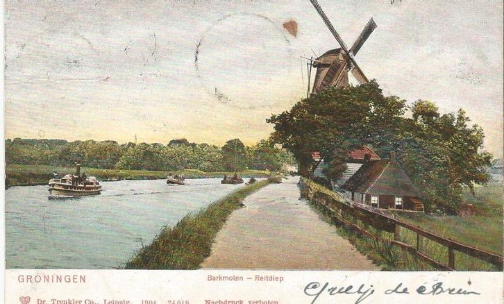 Groningen molen barkmolen aan Reitdiep bootjes 1904, Verzamelen, Ansichtkaarten | Nederland, Gelopen, Groningen, Voor 1920, Verzenden