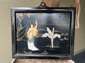 Chinees schilderij jade speksteen chinese lak zwart vintage  beschikbaar voor biedingen