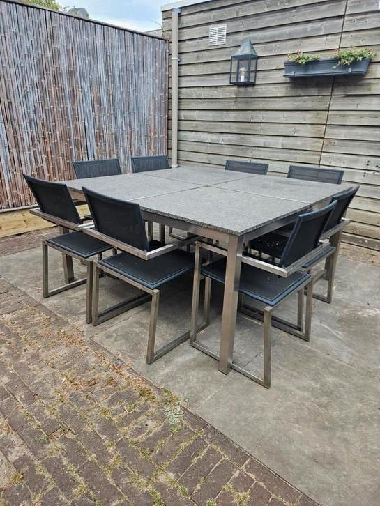 Tuintafel graniet, RVS, 8 persoons, incl. stoelen. 150x150., Tuin en Terras, Tuintafels, Gebruikt, Rechthoekig, Overige materialen