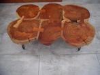 salontafel boomschijven, stalen onderstel, Huis en Inrichting, Tafels | Salontafels, Ophalen, Gebruikt, 100 tot 150 cm, 50 tot 100 cm