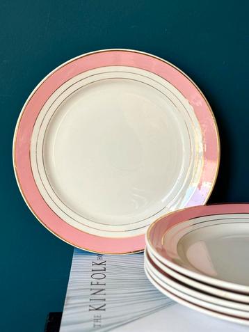 Luneville Régence set van 6 vintage borden roze met goud beschikbaar voor biedingen