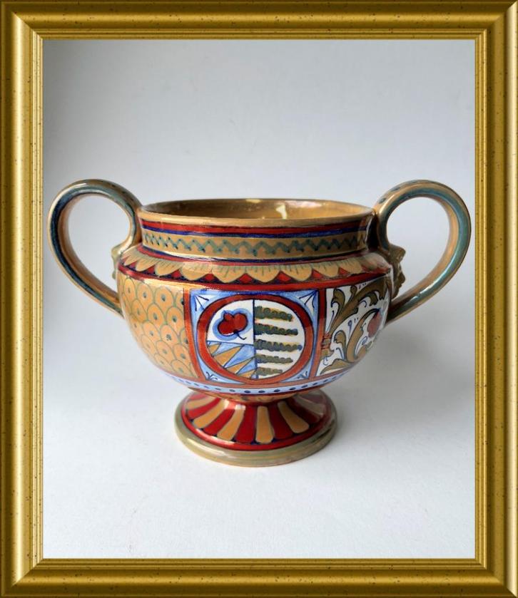 Oude luster majolica pot met oren: SCU, Paolo Rubboli, Antiek en Kunst, Antiek | Keramiek en Aardewerk, Ophalen of Verzenden
