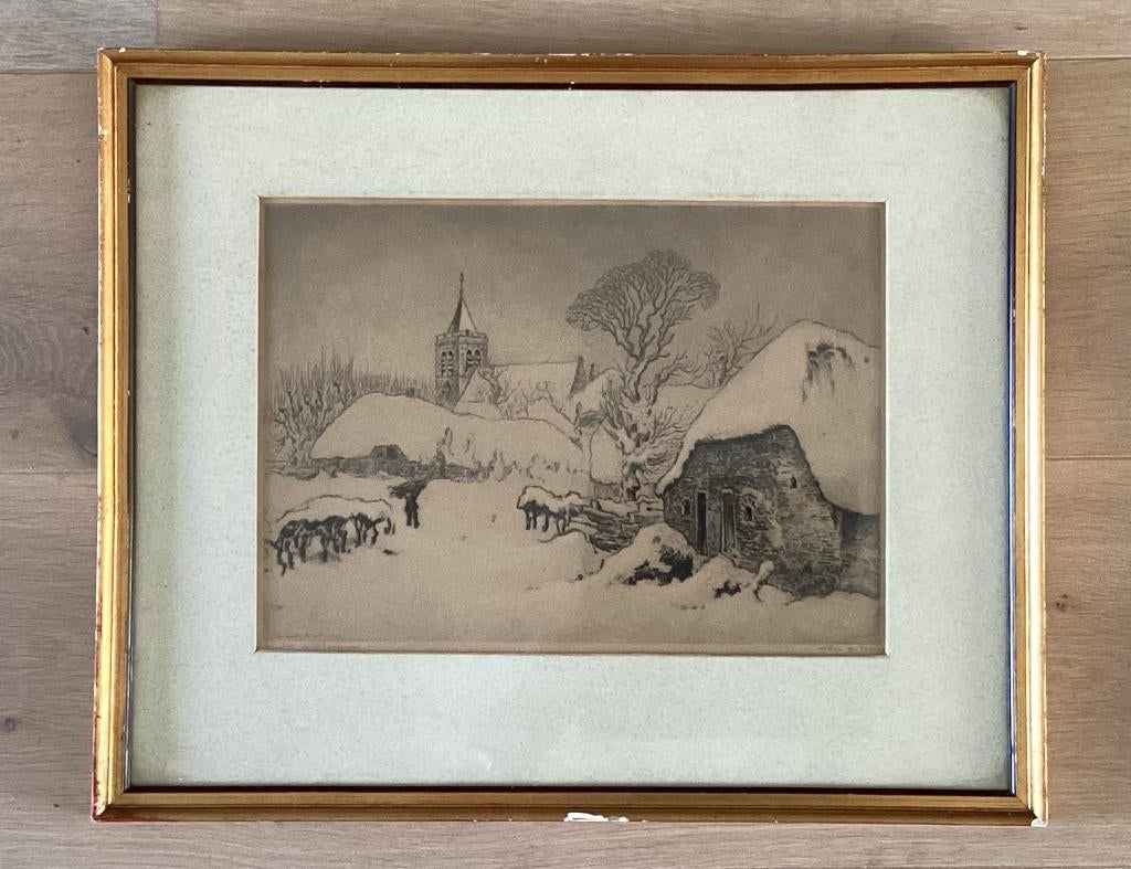 Ets van Toon de Jong "Winter in Blaricum", Antiek en Kunst, Kunst | Etsen en Gravures, Ophalen of Verzenden