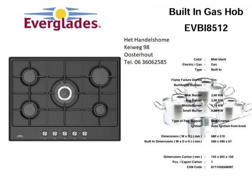 Nieuwe gaskookplaat 5 pits met inbouw maat 55 x 48cm, Witgoed en Apparatuur, Kookplaten, Nieuw, Inbouw, Gas, 5 kookzones of meer