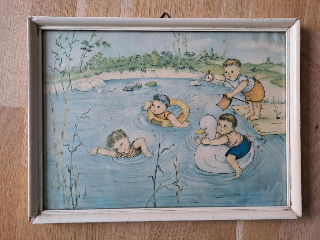 Mid-century vintage kinderprent in lijst, Gebruikt, Nvt vintage, Ophalen of Verzenden, Nvt vintage