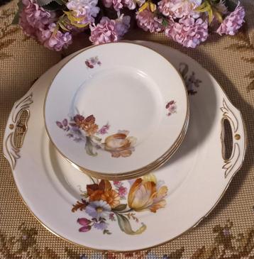 Mooi brocant gebak/taartstel, 1+6, papagaai tulp, pasteltint beschikbaar voor biedingen