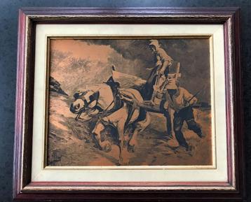 Kopergravure van boer en boerin met kar en paard beschikbaar voor biedingen