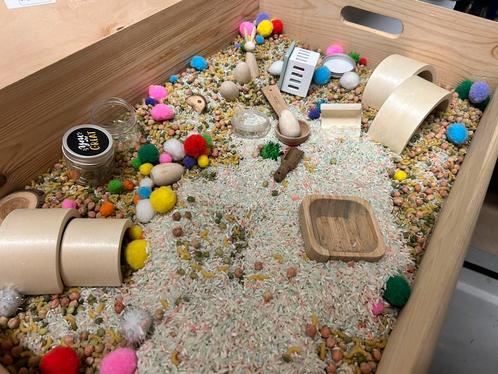 Houten sensory speelbak (bak+deksel) met inhoud, Kinderen en Baby's, Speelgoed | Educatief en Creatief, Zo goed als nieuw, Ontdekken