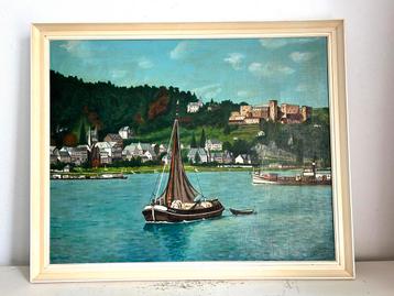Vintage olieverf schilderij Rijnvallei boten op water beschikbaar voor biedingen