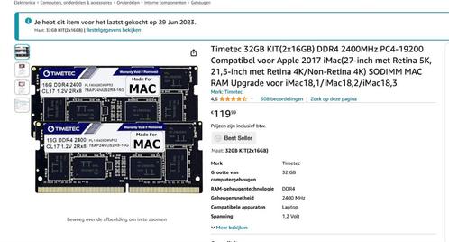 timetec 32 GO Kit (2x16GB) IMAC, Computers en Software, RAM geheugen, Nieuw, Desktop, 32 GB, DDR4, Ophalen of Verzenden