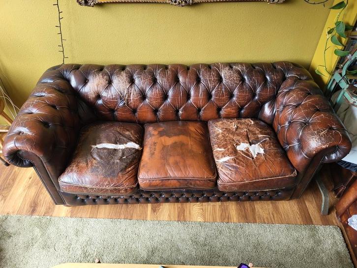 2x Chesterfield driezits bank, Huis en Inrichting, Banken | Bankstellen, Gebruikt, Rechte bank, Driepersoons, 75 tot 100 cm, Leer