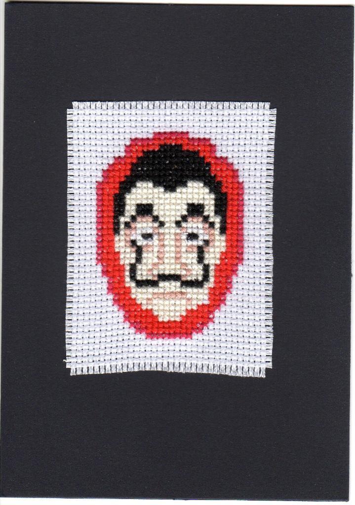 kaart met geborduurd masker Casa de Papel (692), Hobby en Vrije tijd, Kaarten | Zelfgemaakt, Nieuw, Overige thema's, Ophalen of Verzenden