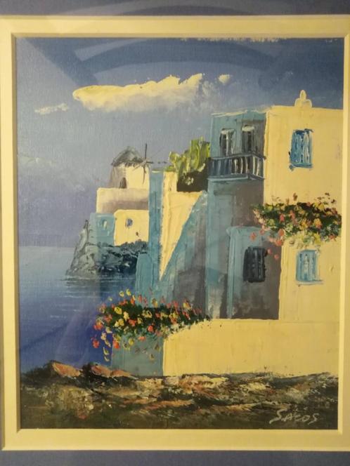 Schilderij van S, Acos '' Griekse huisjes langs het strand'', Antiek en Kunst, Kunst | Schilderijen | Klassiek, Ophalen of Verzenden