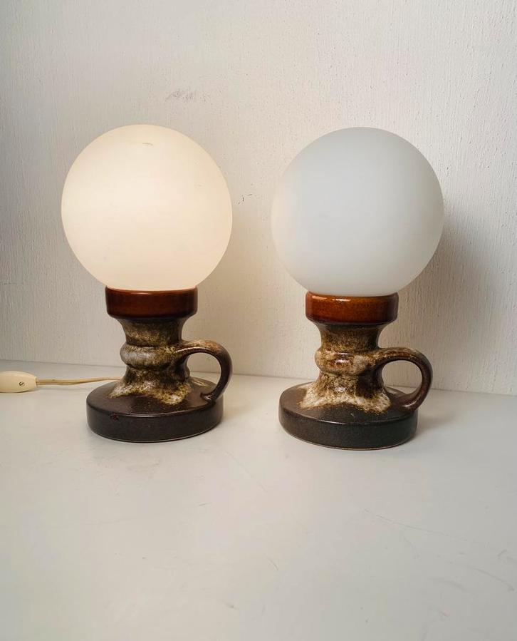 Fat lava keramiek bedlampjes (2) jaren 70, Huis en Inrichting, Lampen | Tafellampen, Gebruikt, Minder dan 50 cm, Glas, Overige materialen