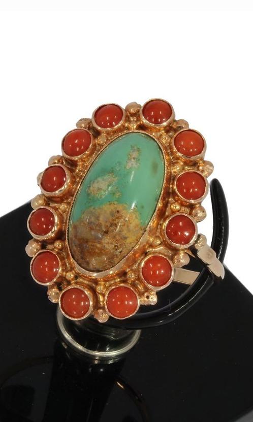 Bloedkoraal Turkoois 14k gouden vintage ring antiek dames, Sieraden, Tassen en Uiterlijk, Antieke sieraden, Ring, Goud, Met edelsteen