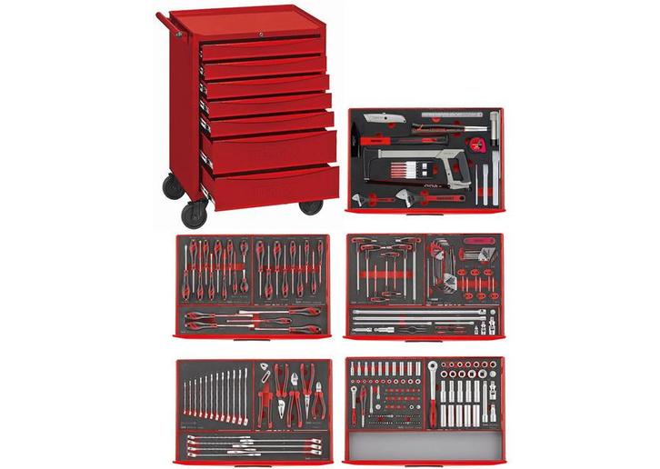 Gereedschapswagen rood foam toolset 7 laden 240 delig, Auto diversen, Autogereedschap, Nieuw, Ophalen of Verzenden