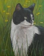 Schilderij kat in gras - kattenschilderij - eigen werk, Ophalen of Verzenden