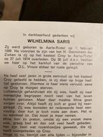 Wilhelmina Saris  1889 Aarle-Rixtel 1974 kasteel Croy, Verzamelen, Ophalen of Verzenden, Bidprentje