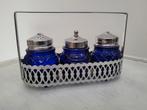 mooi antiek verzilverde met blauw glas tafelsetje, Ophalen of Verzenden