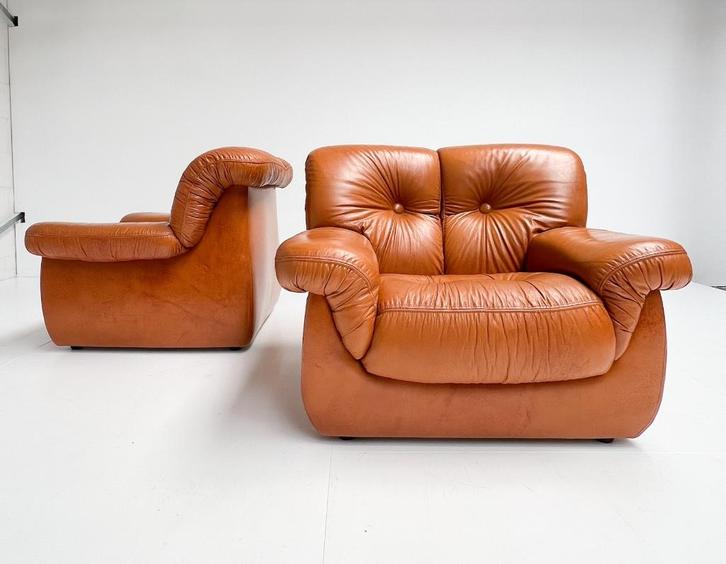 Cognackleurige lederen PelleRossi fauteuil, 1960’s, Huis en Inrichting, Fauteuils, Gebruikt, Leer, 100 tot 125 cm, 75 tot 100 cm