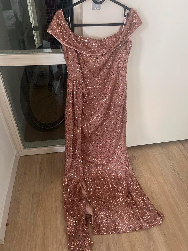 Off-shoulder Galajurk met pailletten 36 rosé goud, Kleding | Dames, Gelegenheidskleding, Zo goed als nieuw, Galajurk, Maat 36 (S)