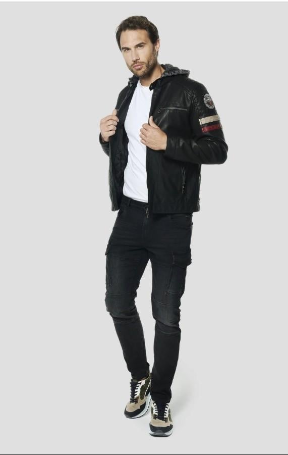 KOROSHI Heren leren biker jack met capuchon - Zwart, maat XL, Maat 52/54 (L), Zwart, Koroshi, Ophalen of Verzenden