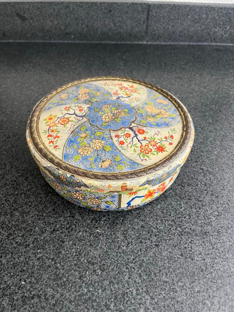 Vintage Albert Heijn koektrommel - Bloemen en Pagodes, Ophalen of Verzenden