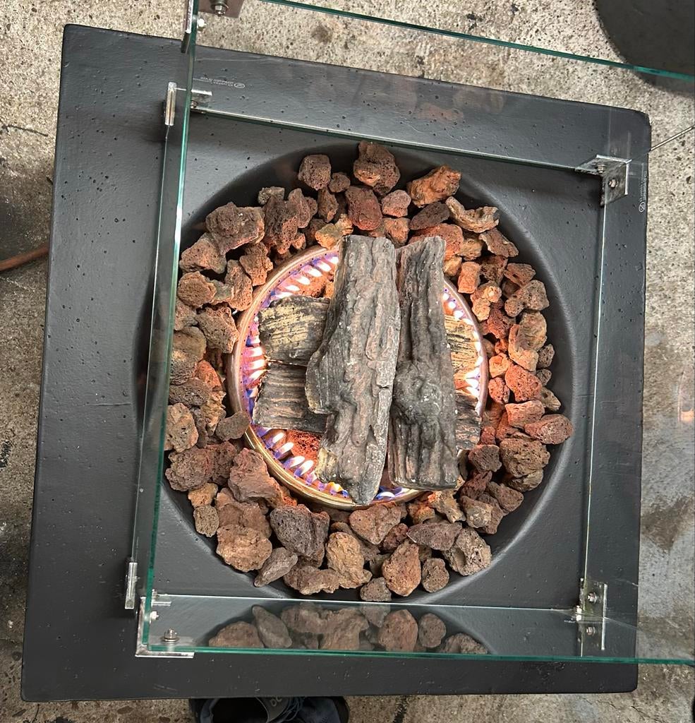 Moderne Zwarte Vuurtafel met Glas en Lavastenen, Ophalen of Verzenden, Gebruikt