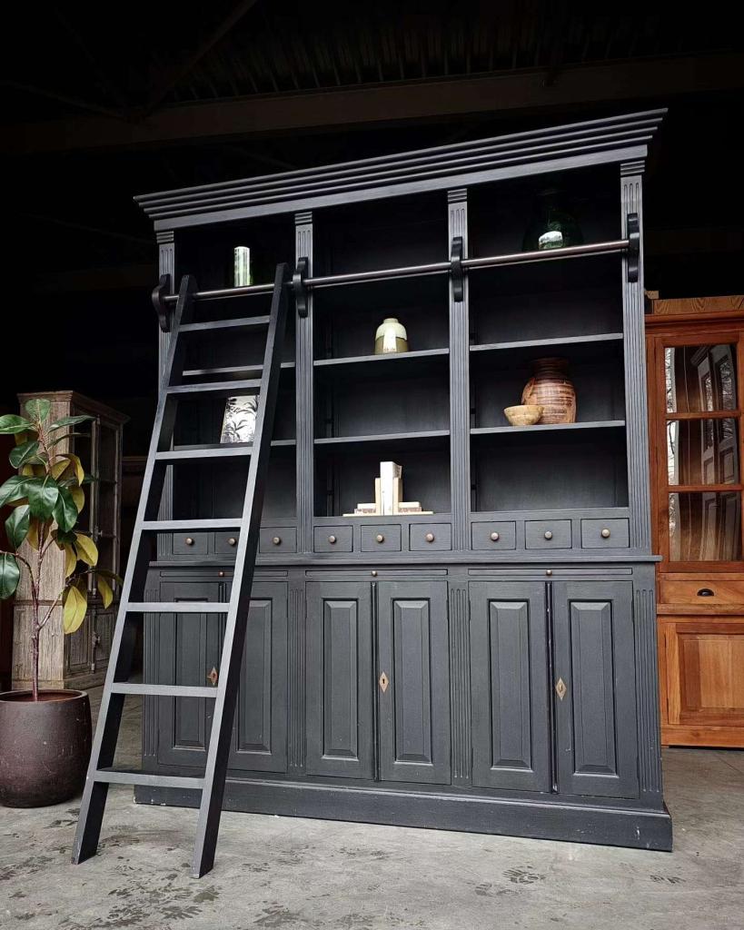 Grote zwarte bibliotheekkast | Boekenkast met ladder #2674