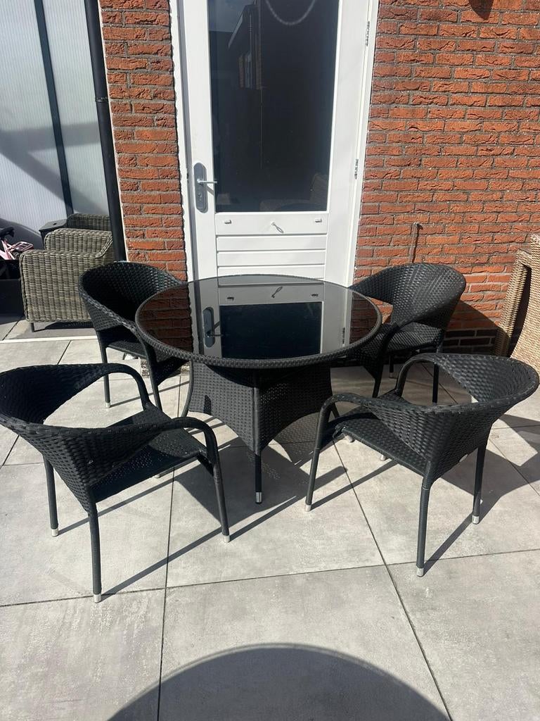 Wicker tuinset met ronde tafel met glasplaat en 4 stoelen, Ophalen